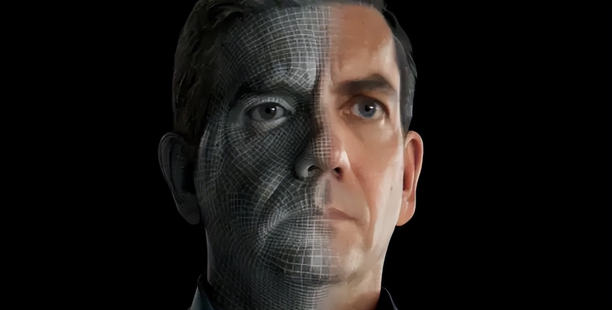 图片展示了一位男性的半身像，脸部一半似乎由数字化网格构成，另一半则呈现正常人类皮肤，表情严肃。