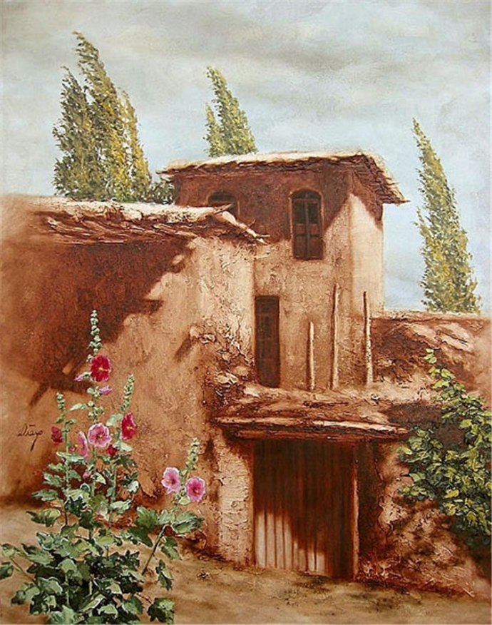 伊朗阿里雷扎美丽田园风光油画