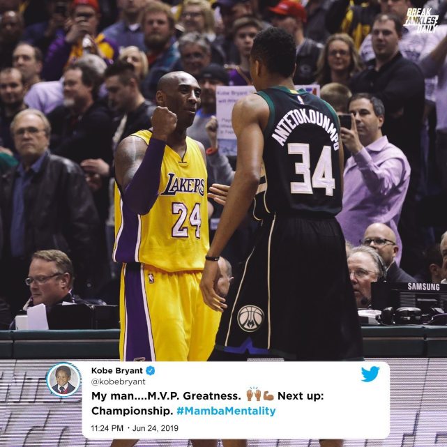 字母哥已完成科比生前为其设下所有挑战,老大在另一个世界也笑了