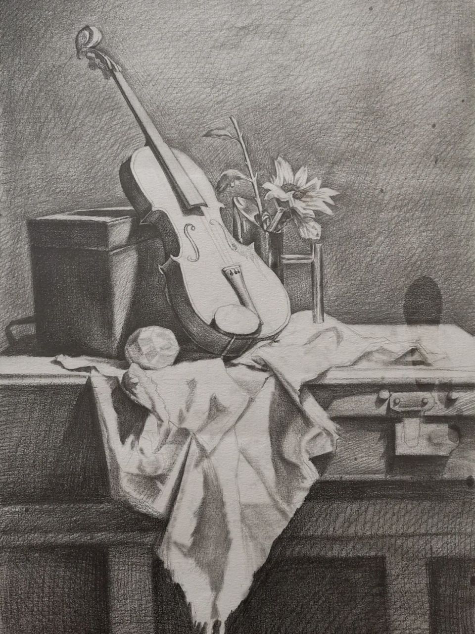 素描静物《小提琴》 画的过程中搞了把松节油搞上去了,只能最后处理成