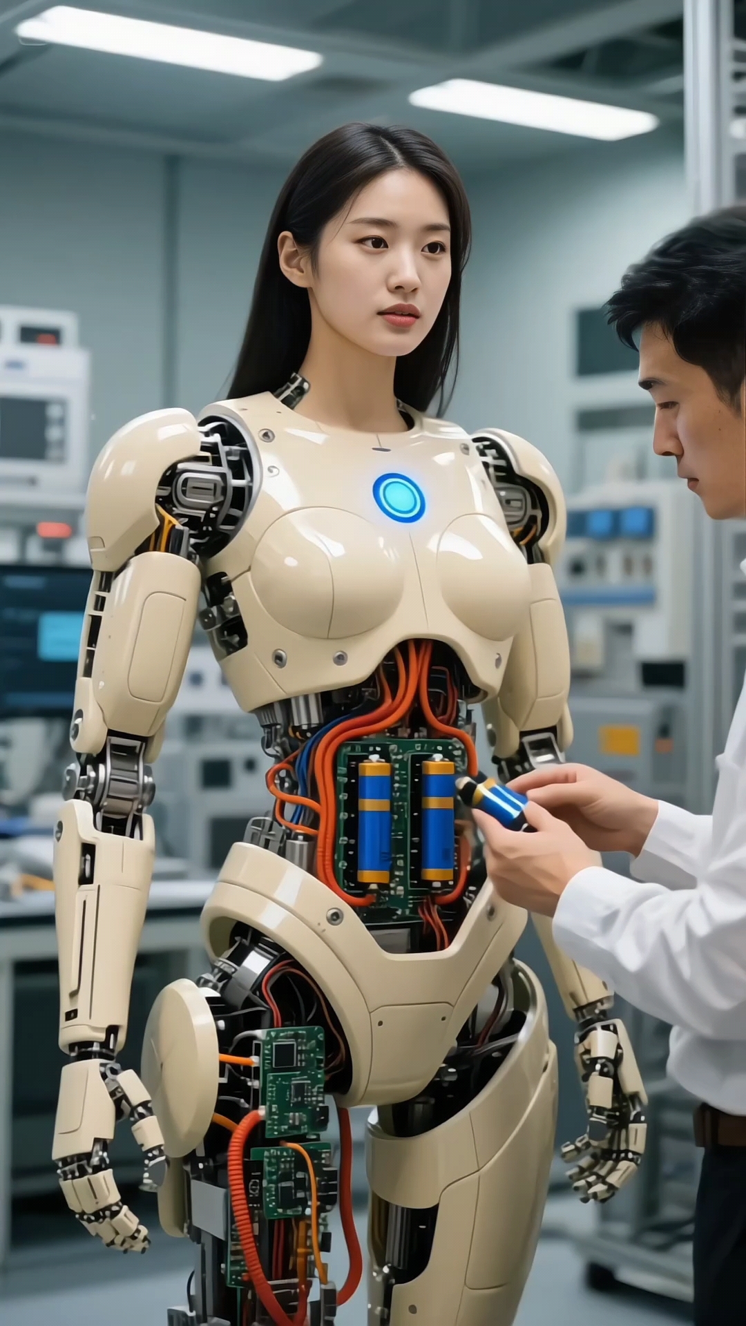 美女机器人装电池