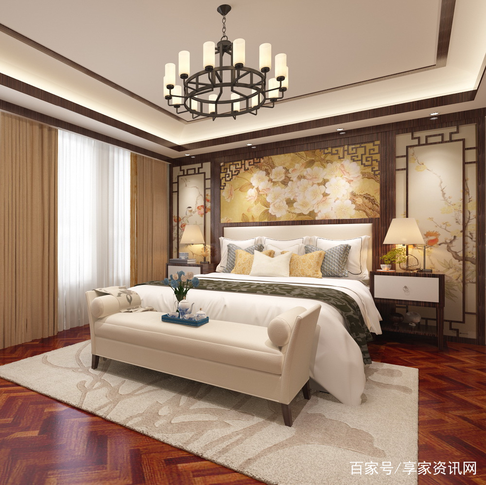 新中式风格次卧室装修效果图:床头背景墙采用太师壁元素现代化的造型