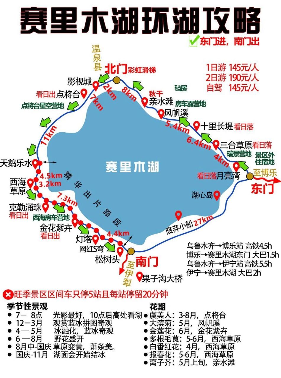 5h 伊宁市→赛里木湖 145km 2h 博乐市→赛里木湖 85km