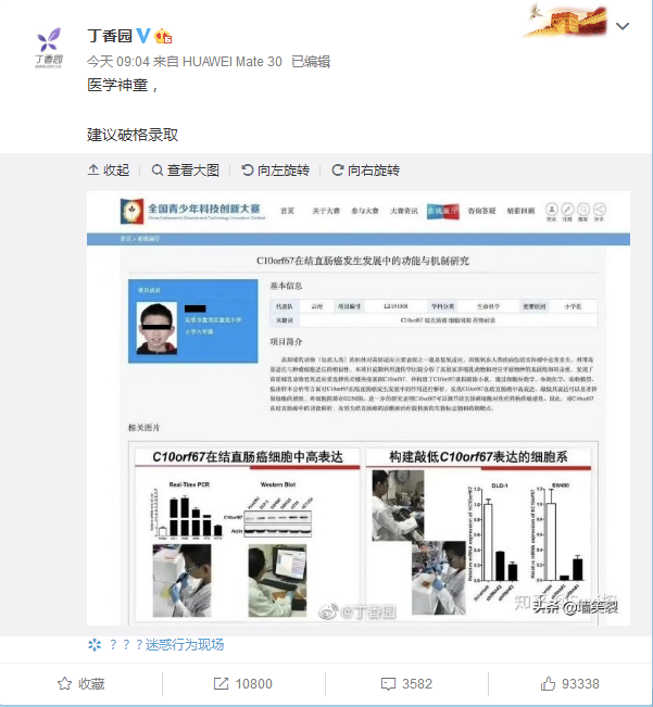关注|小学生研究结直肠癌获全国大奖？实验记录曝光，人民网：神童还是造假