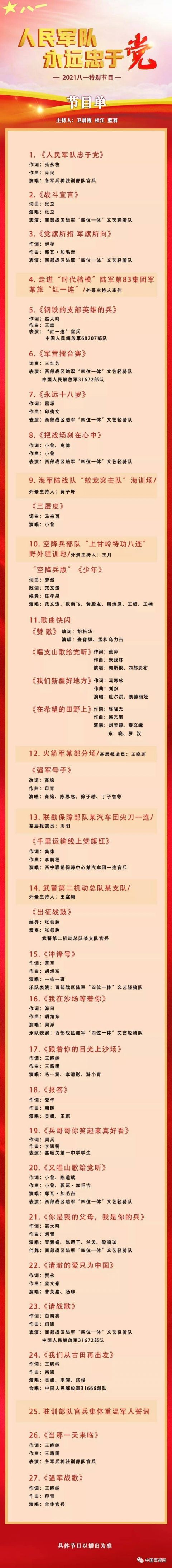 央视"八一"特别节目节目单出炉 郭瓦加毛吉,阿斯根等献歌