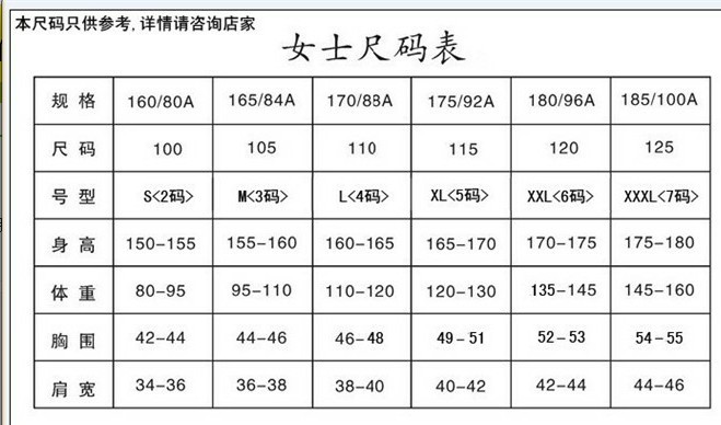 110衣服尺码对照表图片