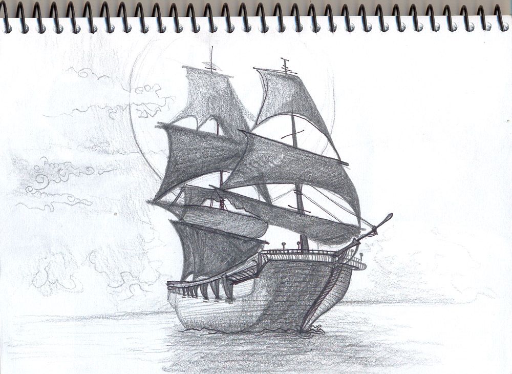 加勒比海盗帆船素描图片