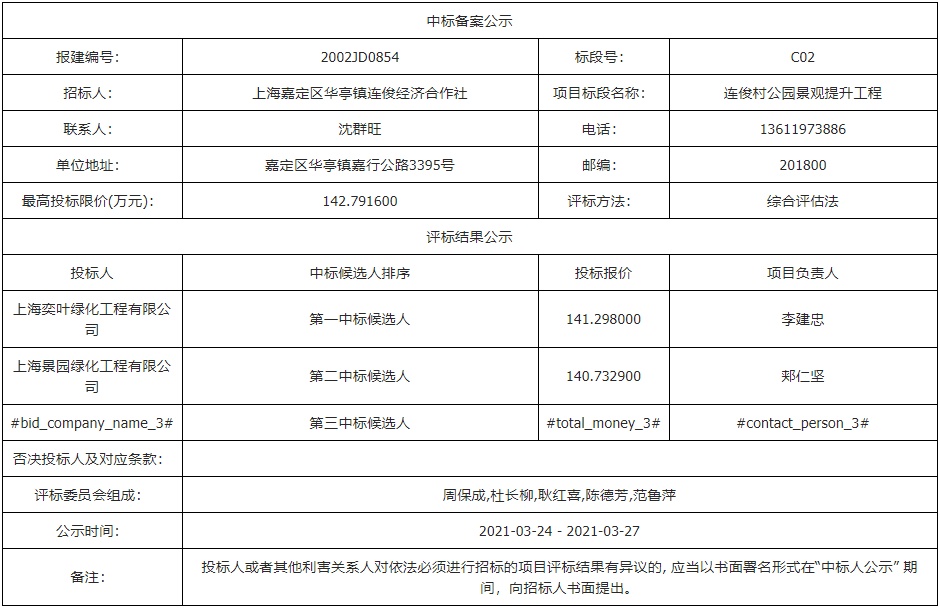 嘉定区华亭镇连俊村公园景观提升工程中标公示