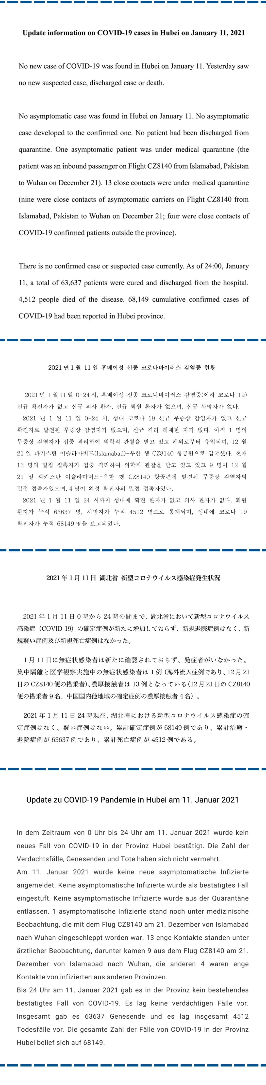 2021年1月11日湖北省新冠肺炎疫情情况(多语种)