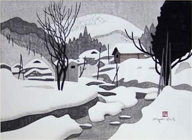 日本近代版畫大師齋藤清冬日雪景系列版畫作品