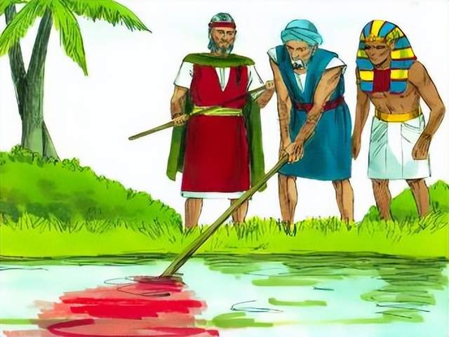 摩西和亚伦以杖变蛇,吞吃术士们变的蛇.以杖击水,水就变作血