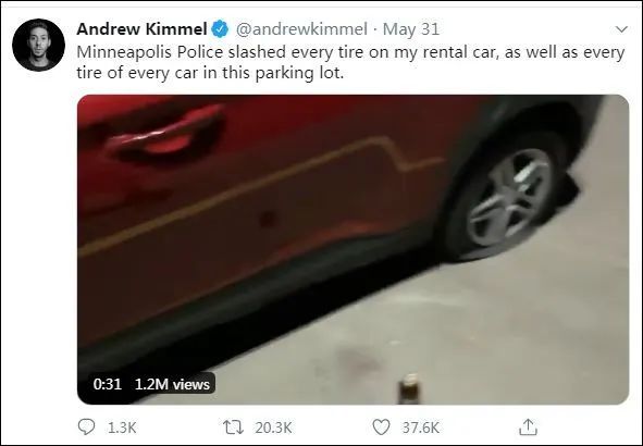 推荐在美国抗议“震中”,州巡警扎多辆汽车轮胎,还称之为“战略性放气”