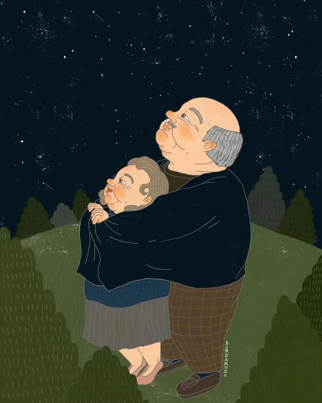 一对恩爱的老夫妻插画︱韩国插画师bomsamuso的作品