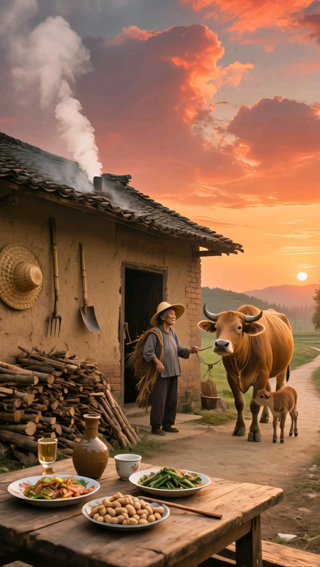 晚霞映照的小院,老人放牛归来,小牛仔紧跟着牛妈妈