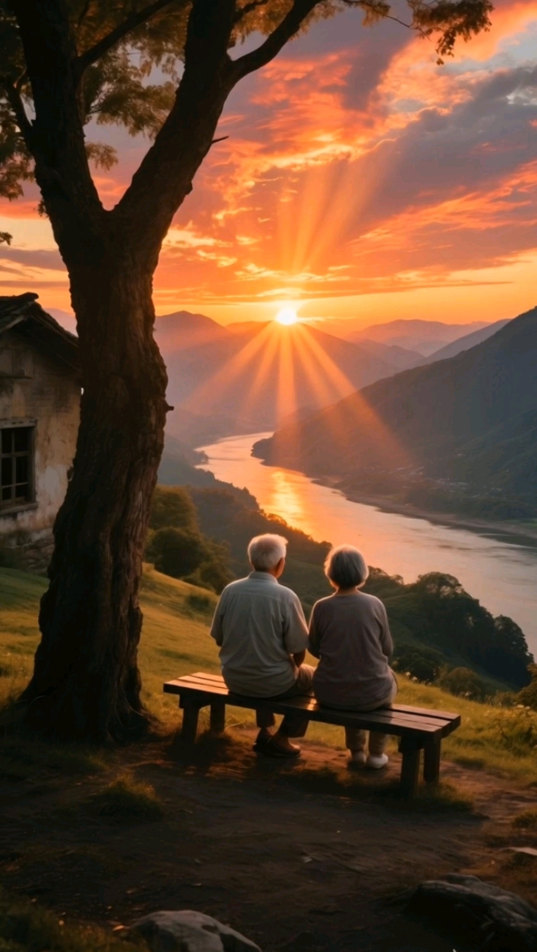 夕阳西沉,爷爷奶奶背对我们,背影写满相伴深情,情深意浓