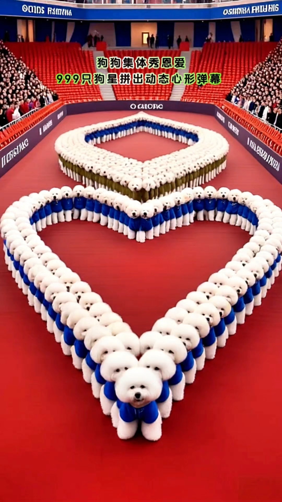 狗狗集体秀恩爱,999只狗狗拼出心形