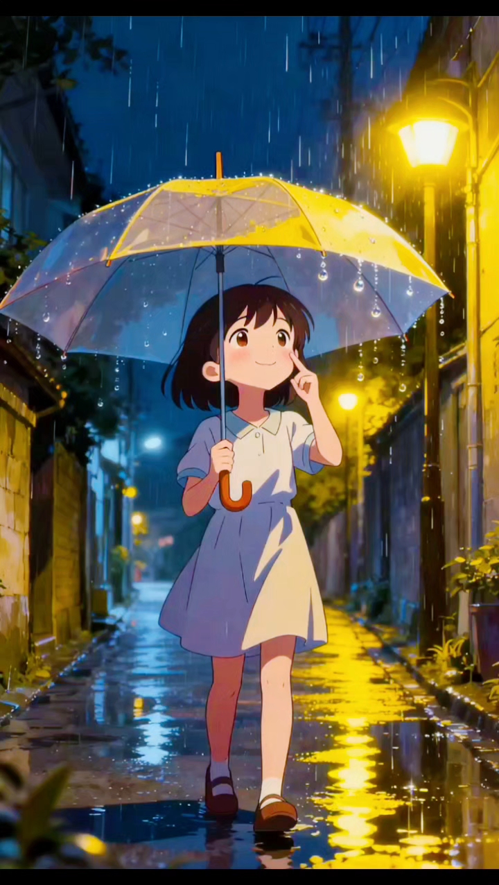 雨夜小巷,撑伞少女在暖光里漫步,日系动漫感拉满,治愈到心巴上