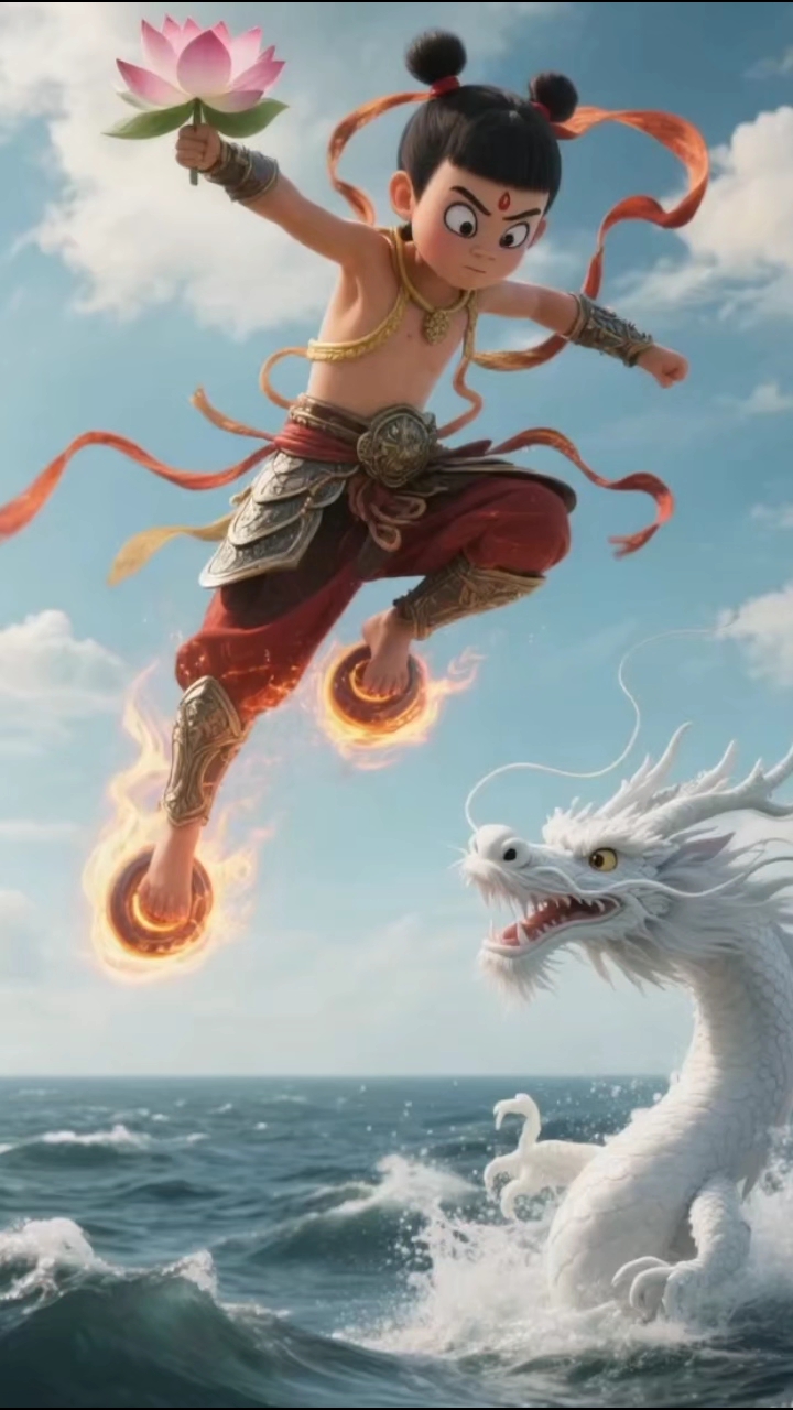 哪吒踏着风火轮从天而降