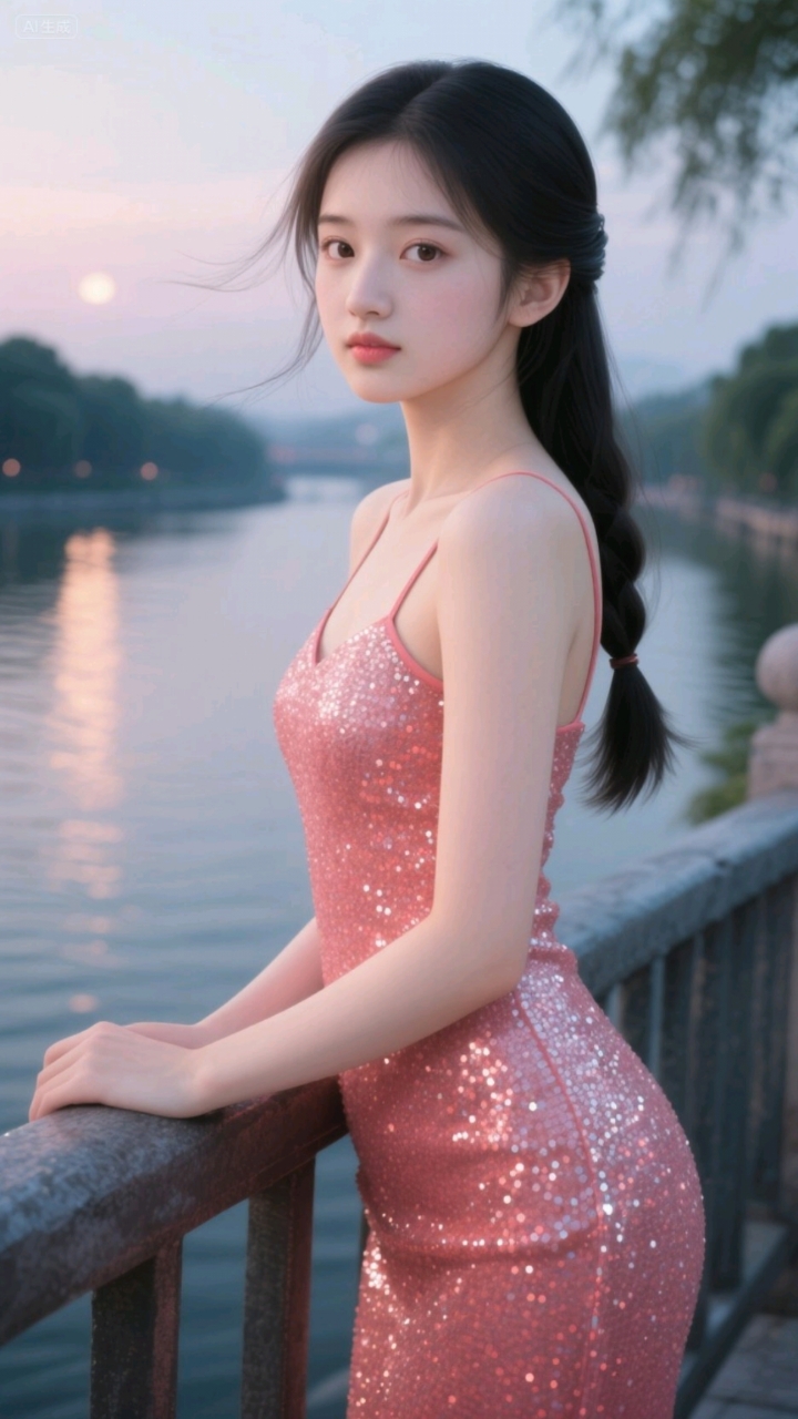 美少女与粉色亮片连衣裙