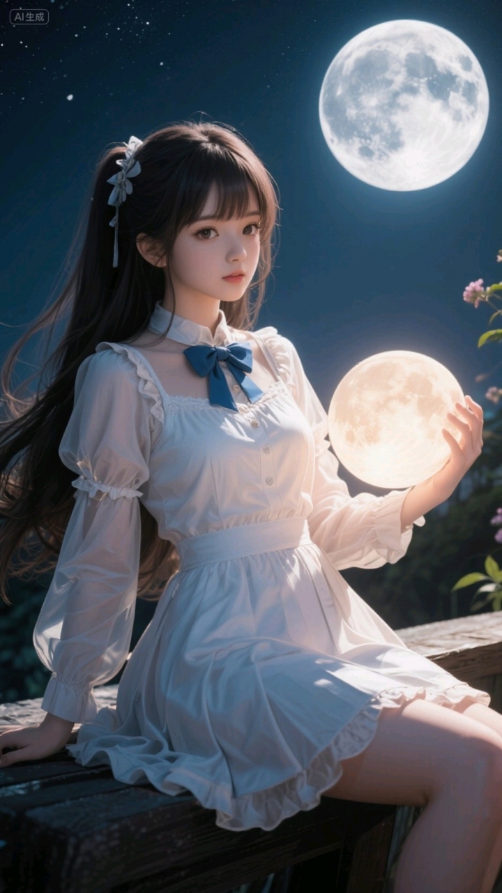 月光下穿白色连衣裙的美少女