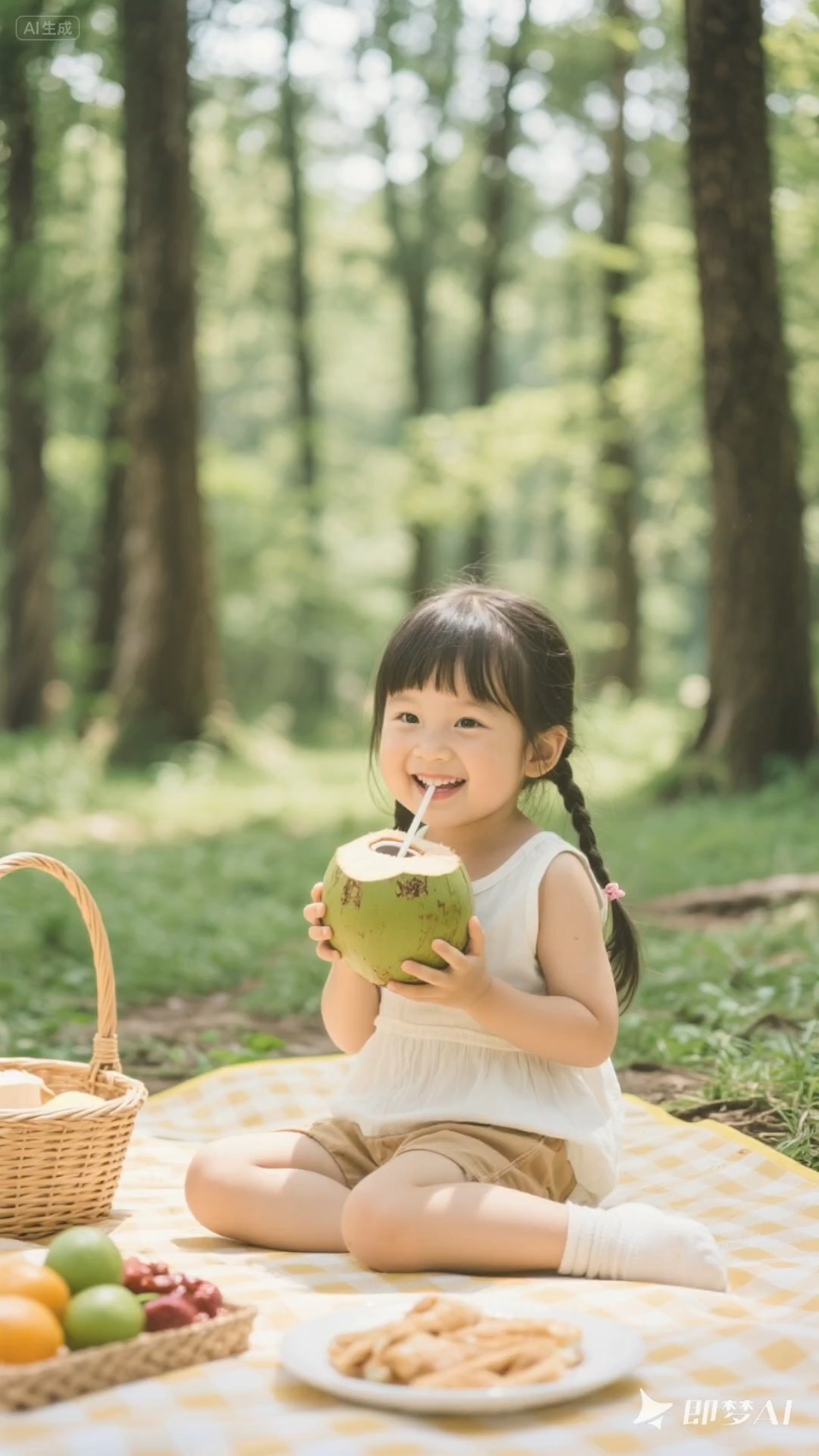一个小女孩在森林里野餐喝椰子汁