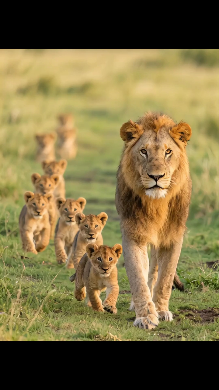一只雄狮在前面走,后面跟着一群小狮子