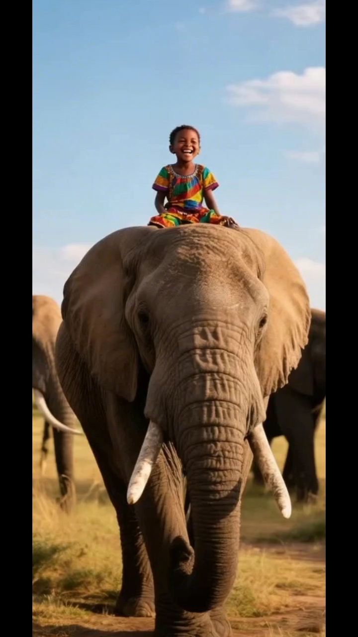 小孩第一次骑在大象背上很快乐