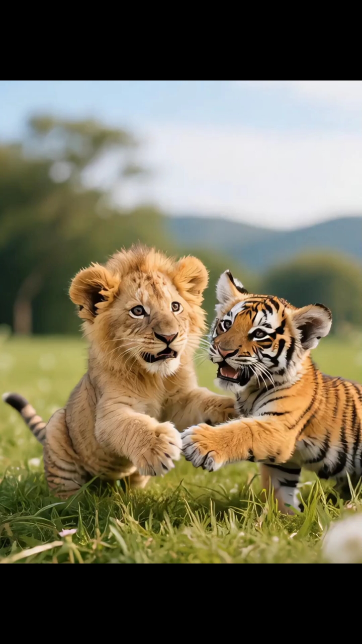 草地上出现一只小狮子和一只小老虎