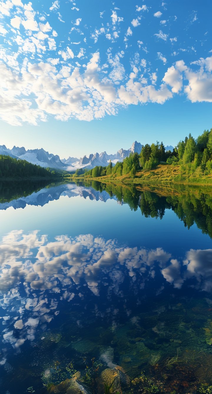 湖水清澈映云天