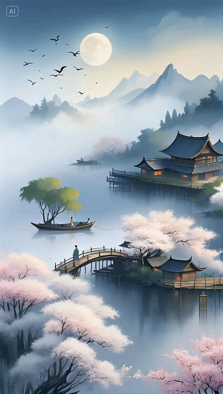 水墨江南.水墨山水,古风木屋,小桥流水,雾气腾腾,月色朦胧