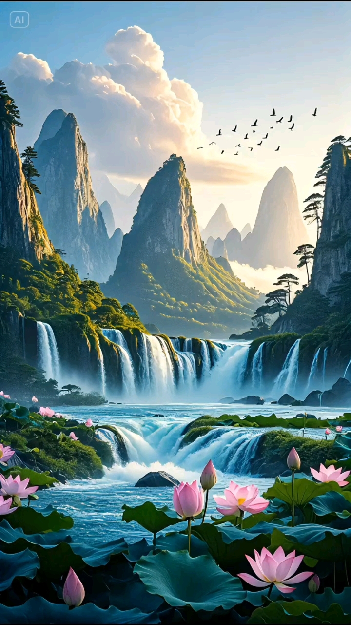 山峦叠嶂,瀑布飞泻,小鸟飞翔,溪水流畅,荷花盛开,山水花鸟画