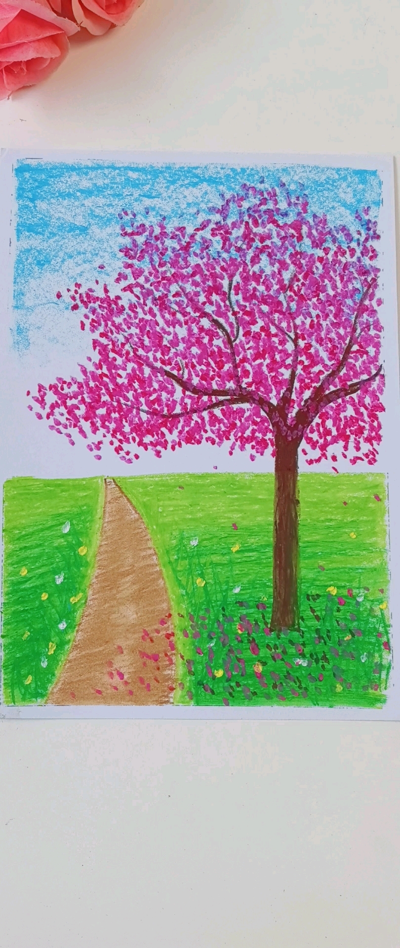 春暖花开,用蜡笔画一副漂亮的春天风景画吧!
