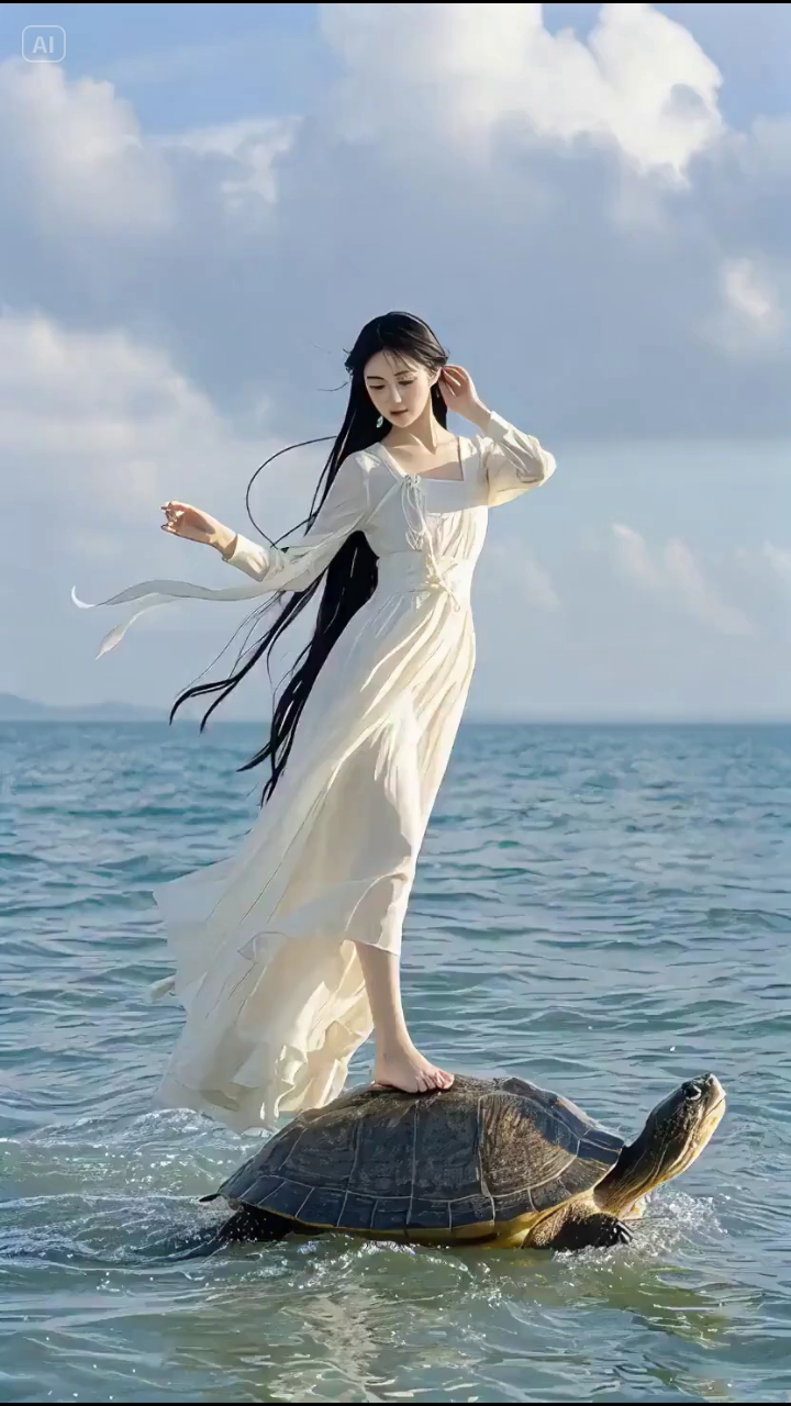美女站在乌龟背上,在大海中乘风破浪向前游去