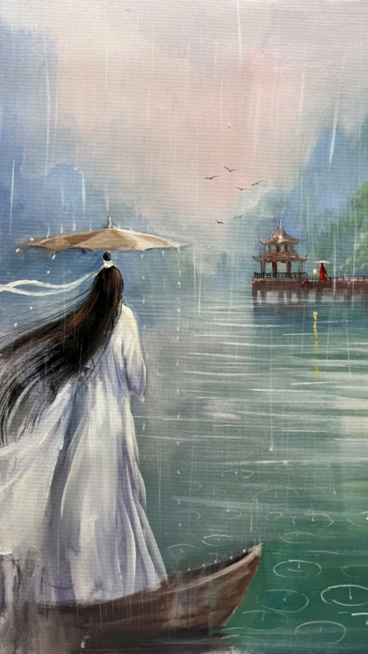 纯手绘丙烯画古风人物雨中绘画过程记录,雨中思念背影,八角亭