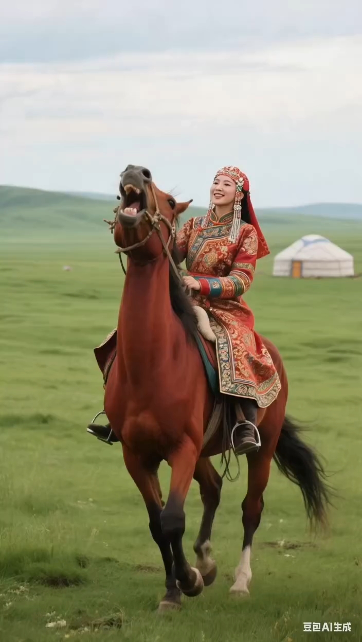 一位蒙古姑娘身着华丽的蒙古新娘服装,服装上的每一处细节都清晰