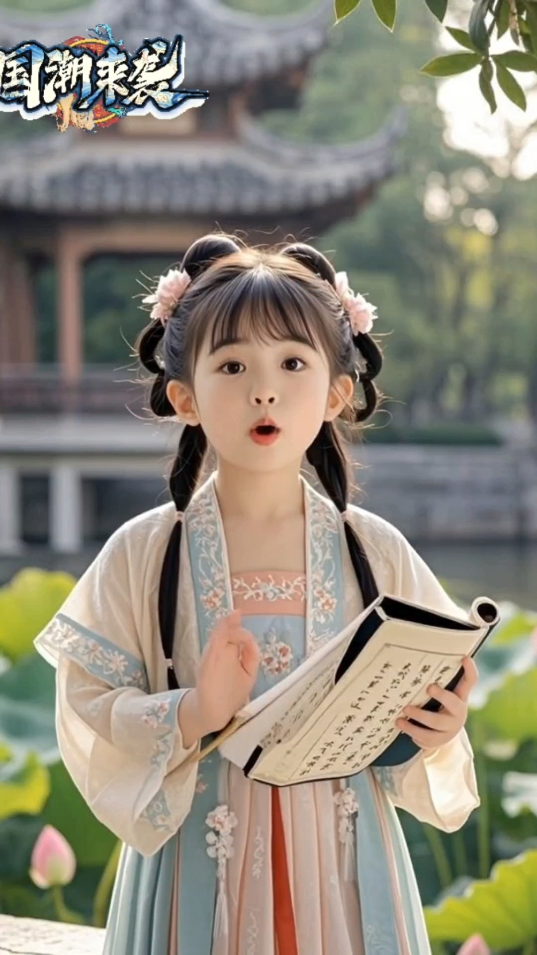 生成一个古代儿童形象,天真浪漫,拿着古诗词本,背诵古诗,小孩