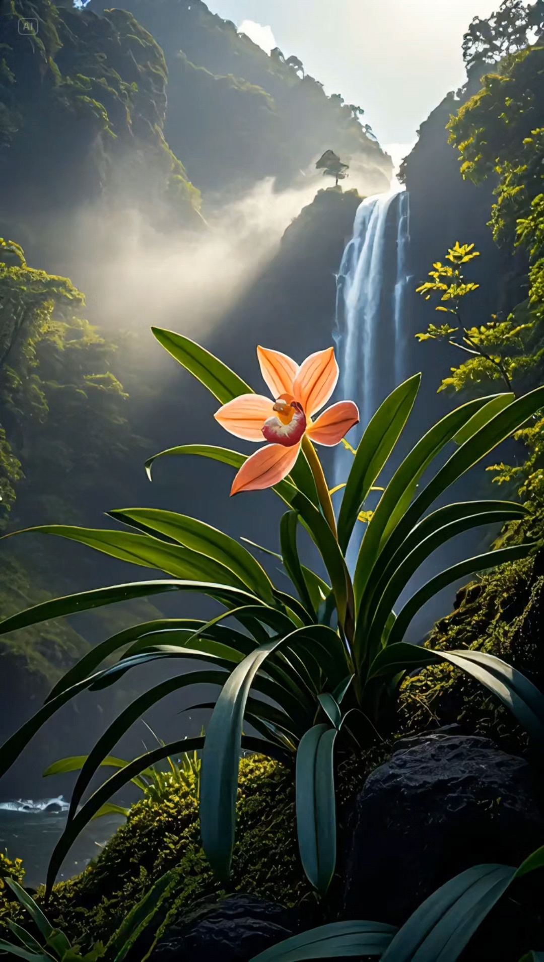 空谷幽兰 在静谧山谷间,兰花悄然绽放.粉兰于瀑布旁舒展,似与