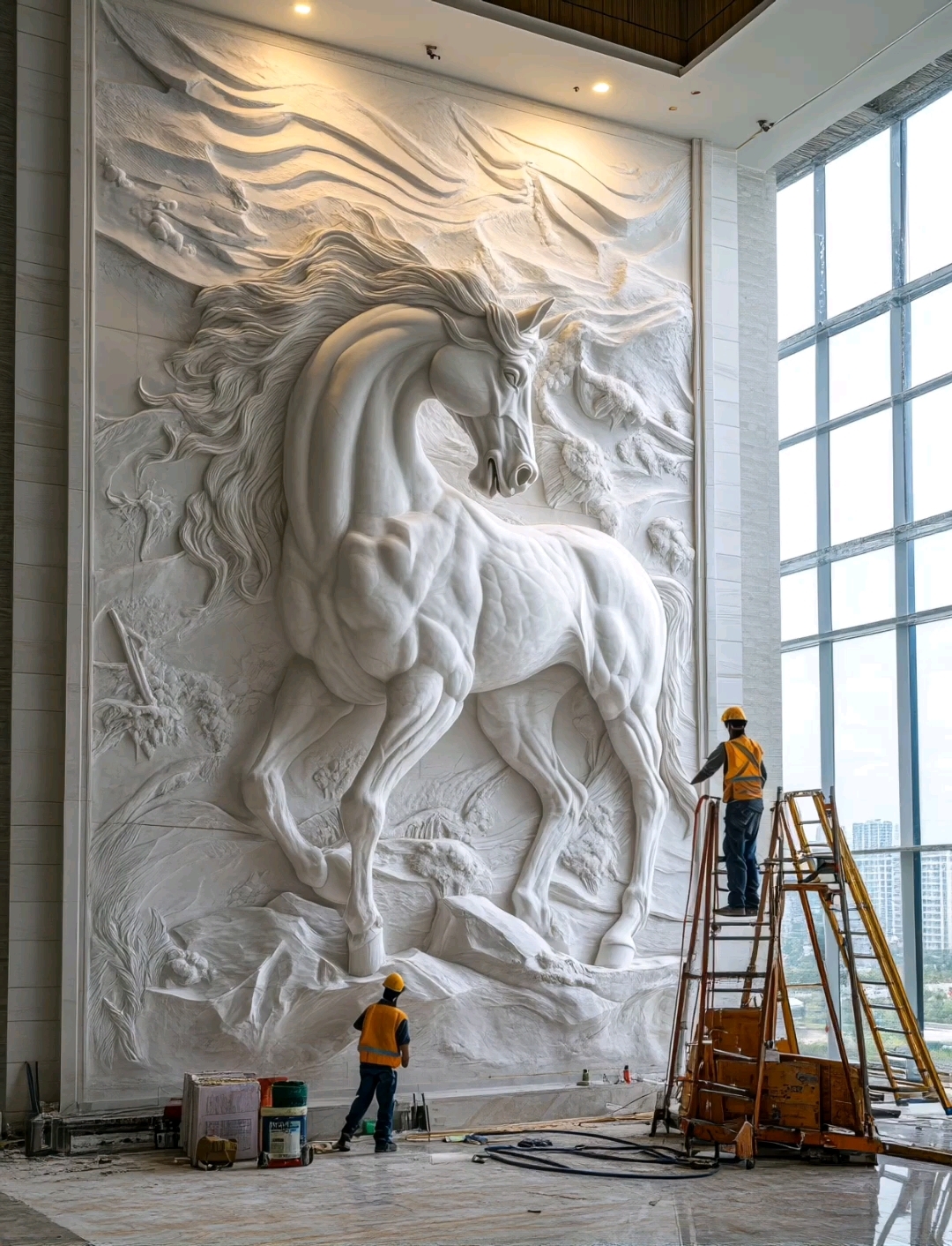 酒店大堂背景墙马浮雕壁画