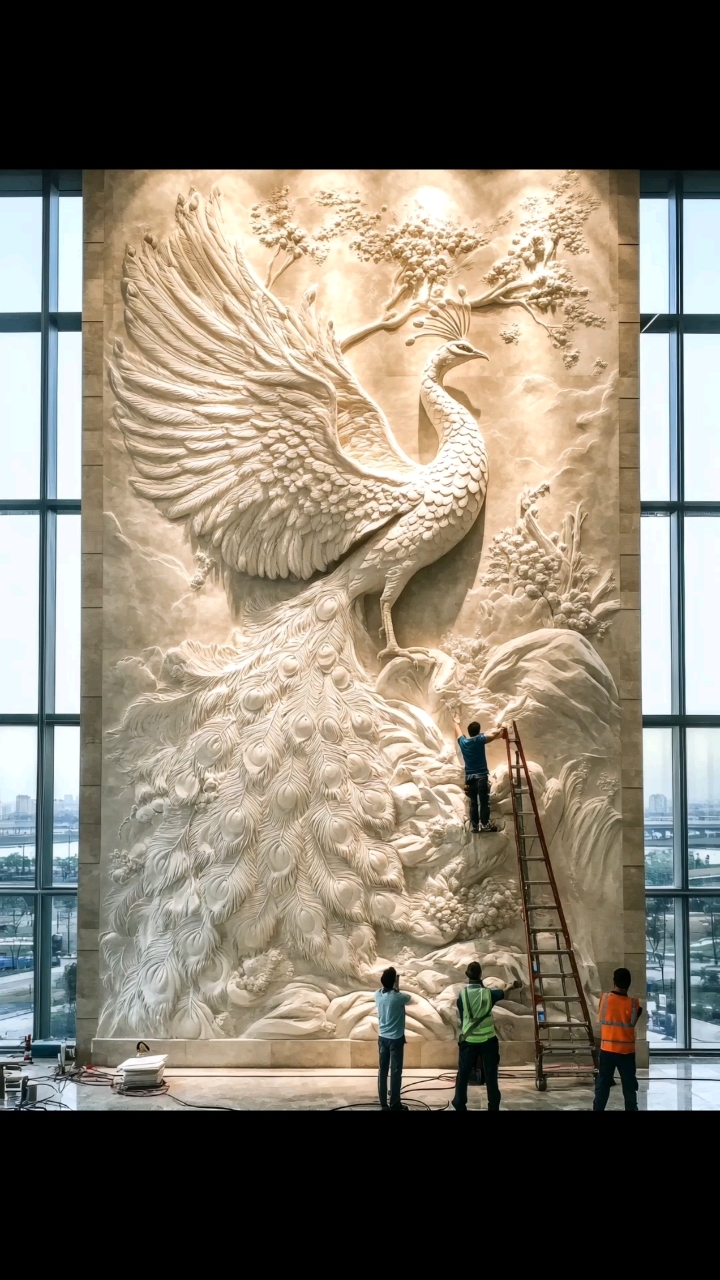 酒店大堂背景墙孔雀浮雕壁画