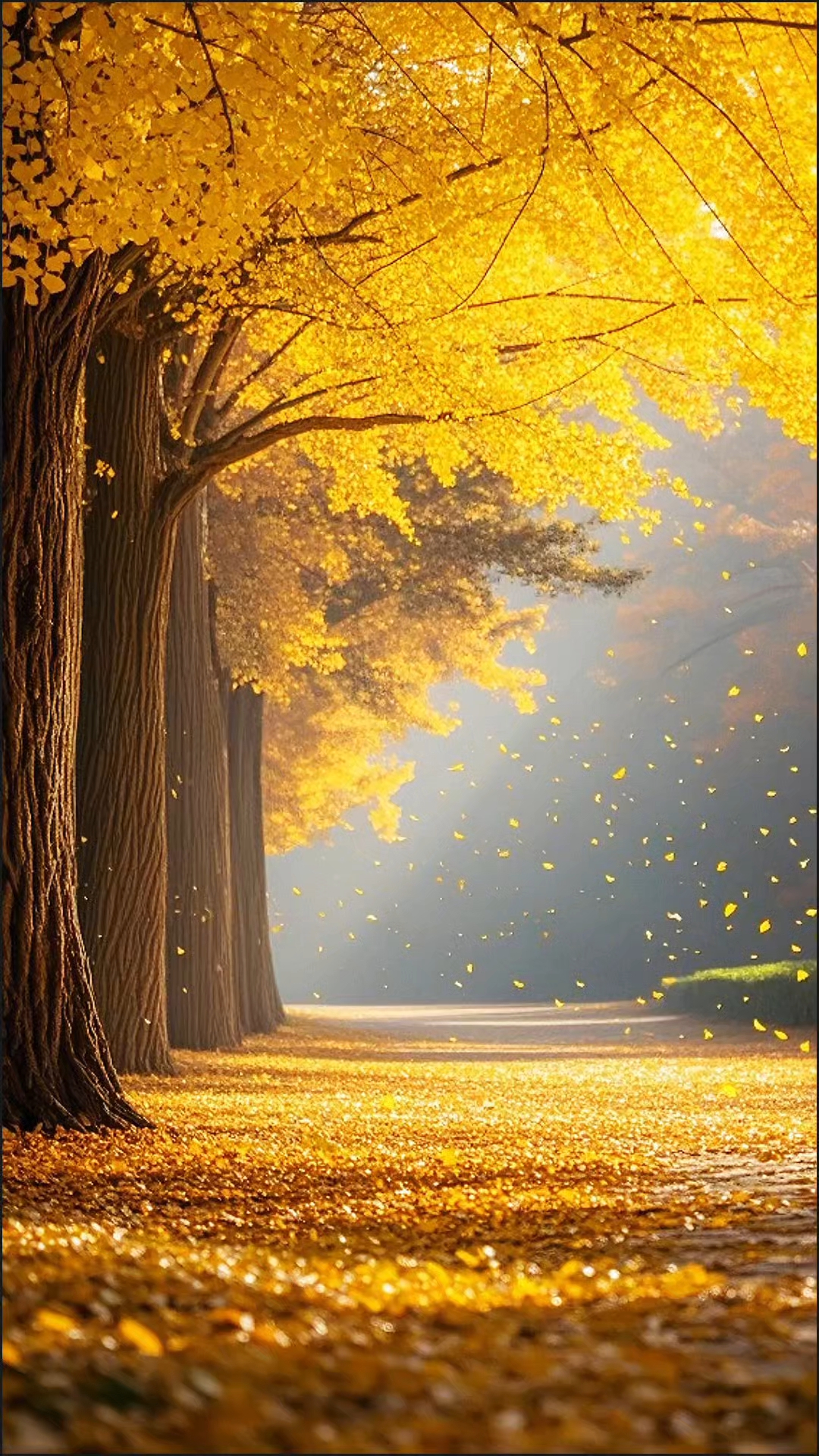 路边那一排巨大的银杏树伸展着粗壮的枝干向着天空诉说岁月的故事