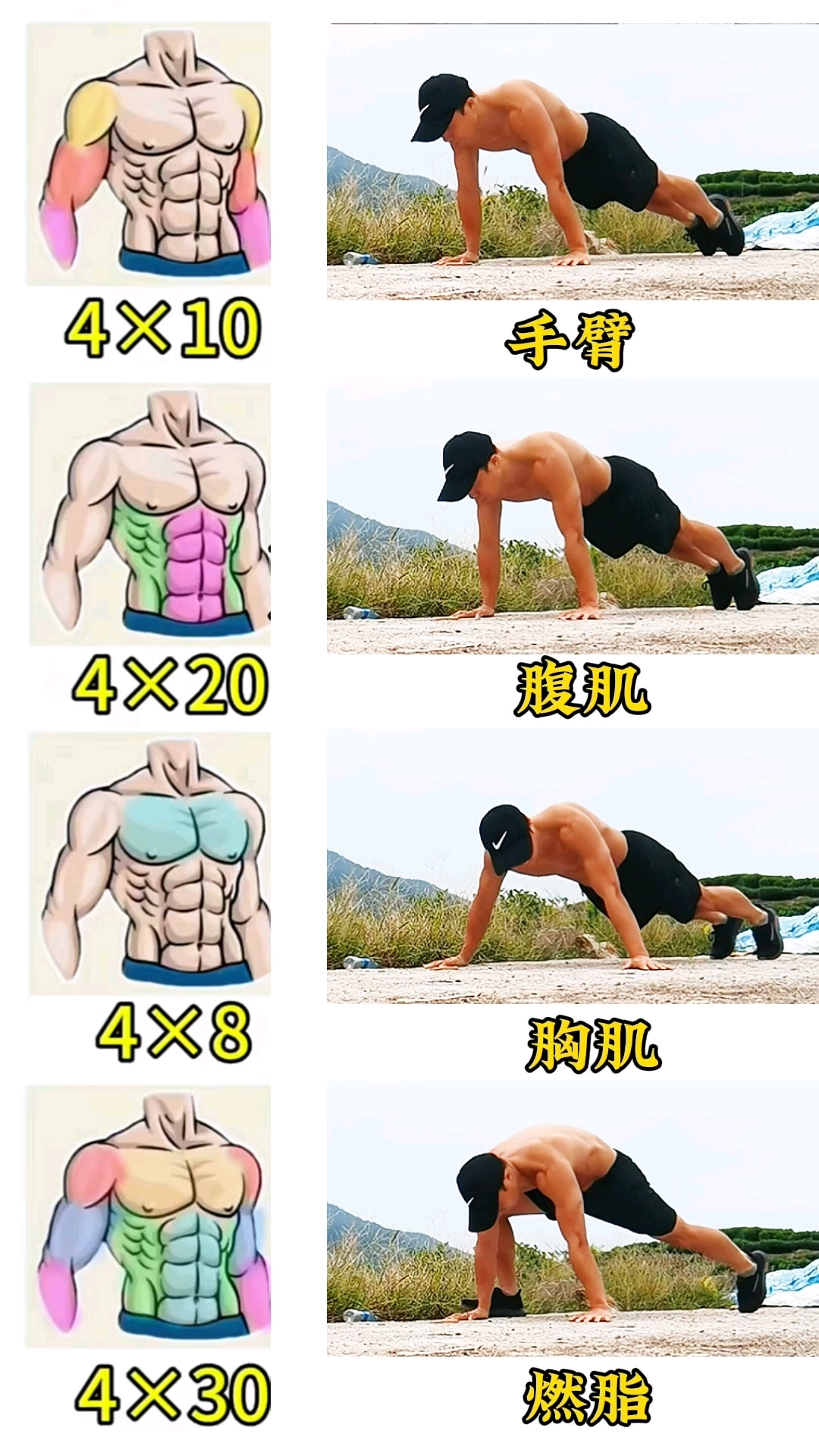 胸肌手臂腹肌训练,四个动作练起来