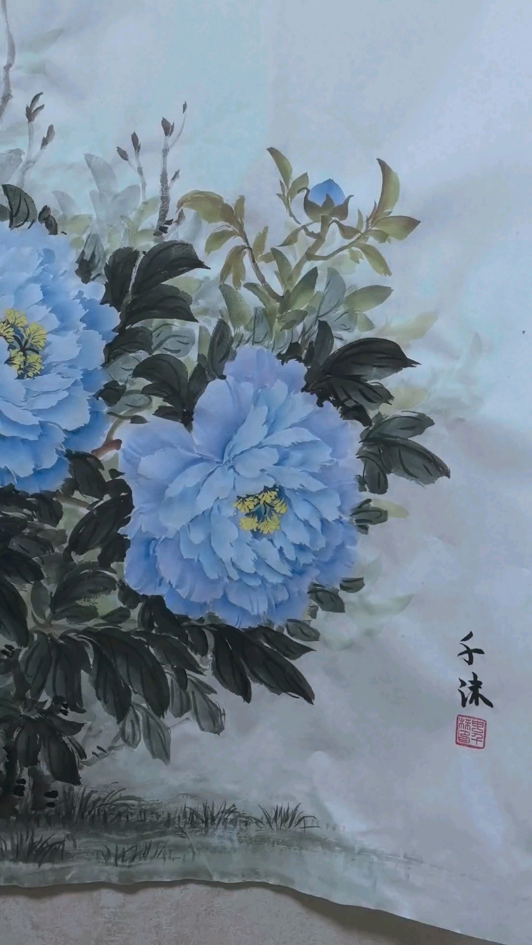 四尺整张蓝色牡丹