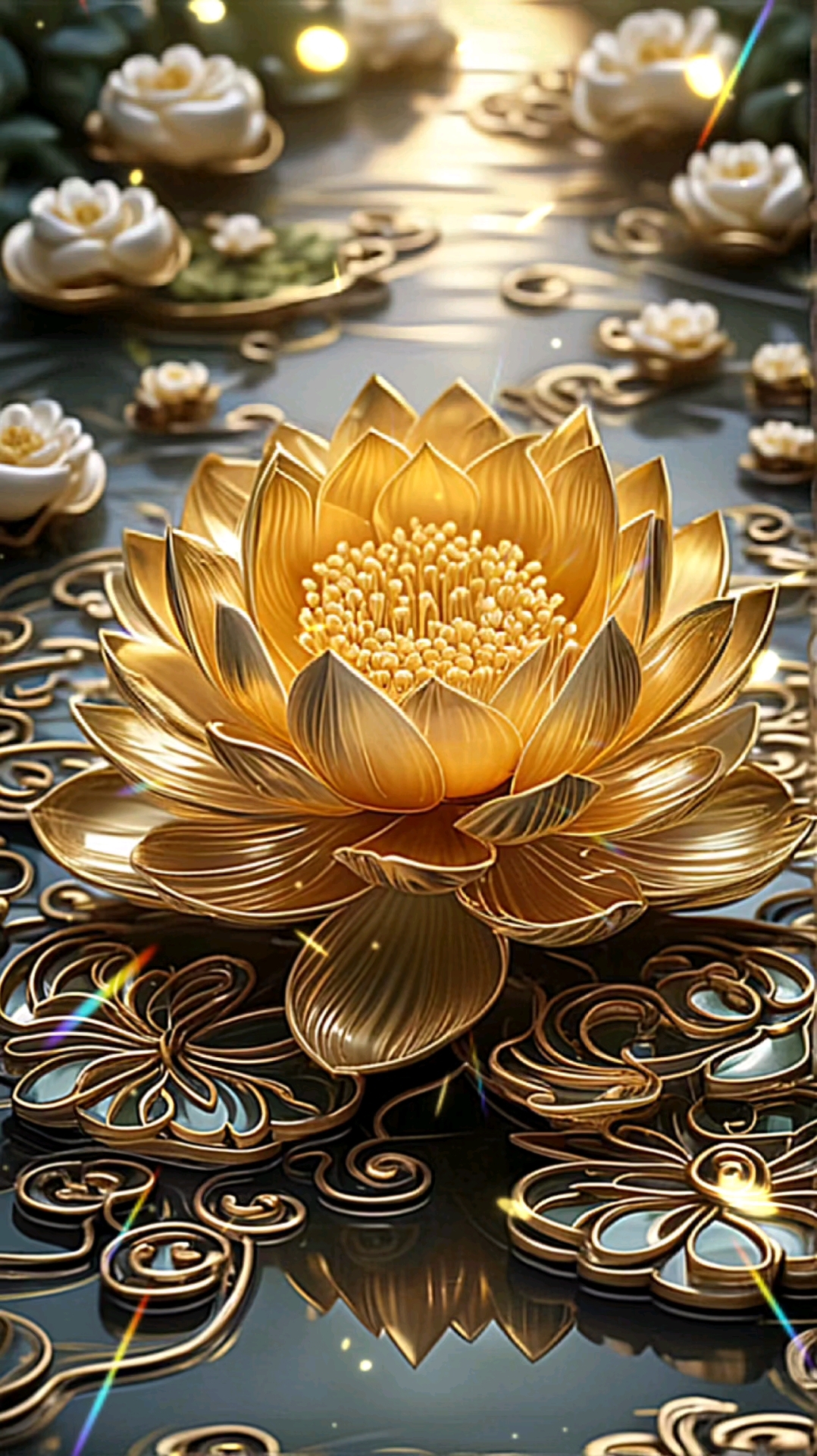 金色莲花,在水中绽放光芒,宛如神圣的祥瑞降临人间