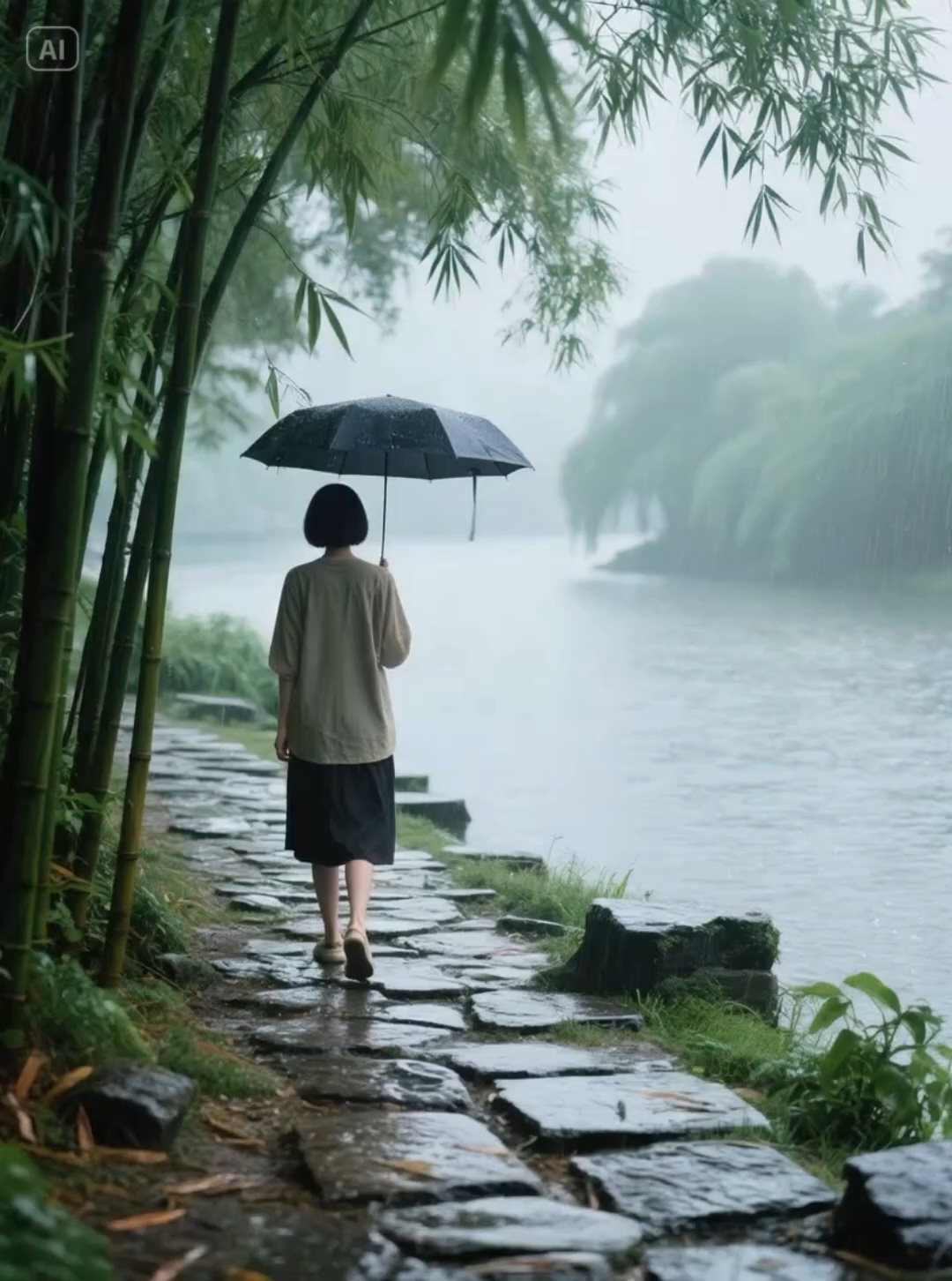 雨中漫步,撑伞漫步在湖边赏美景