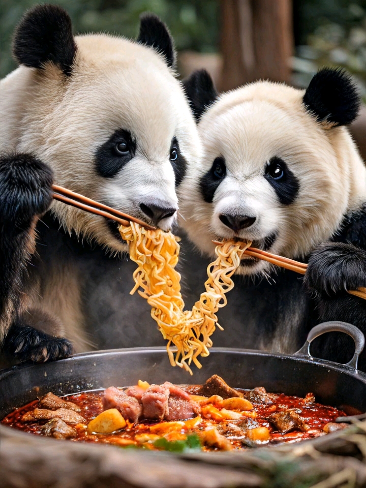 两只熊猫在吃火锅.