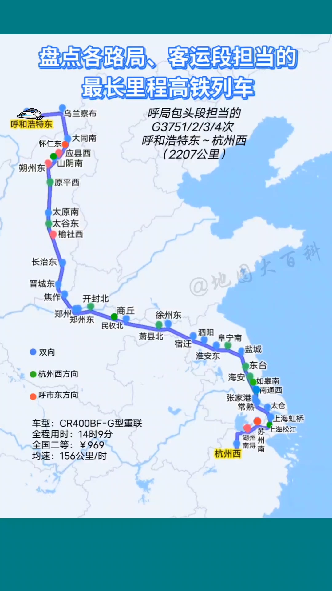 盘点各铁路局客运段最长里程高铁车次,呼局的g3751到杭州的