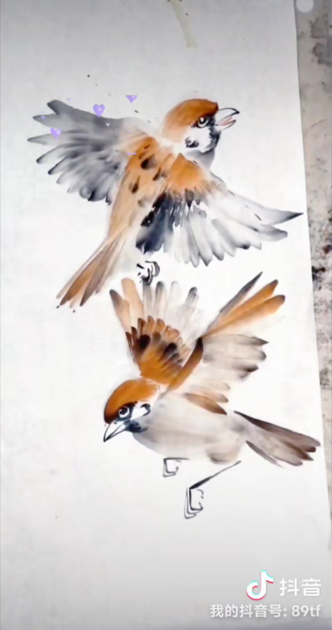 国画:二只反方向的麻雀的画法.