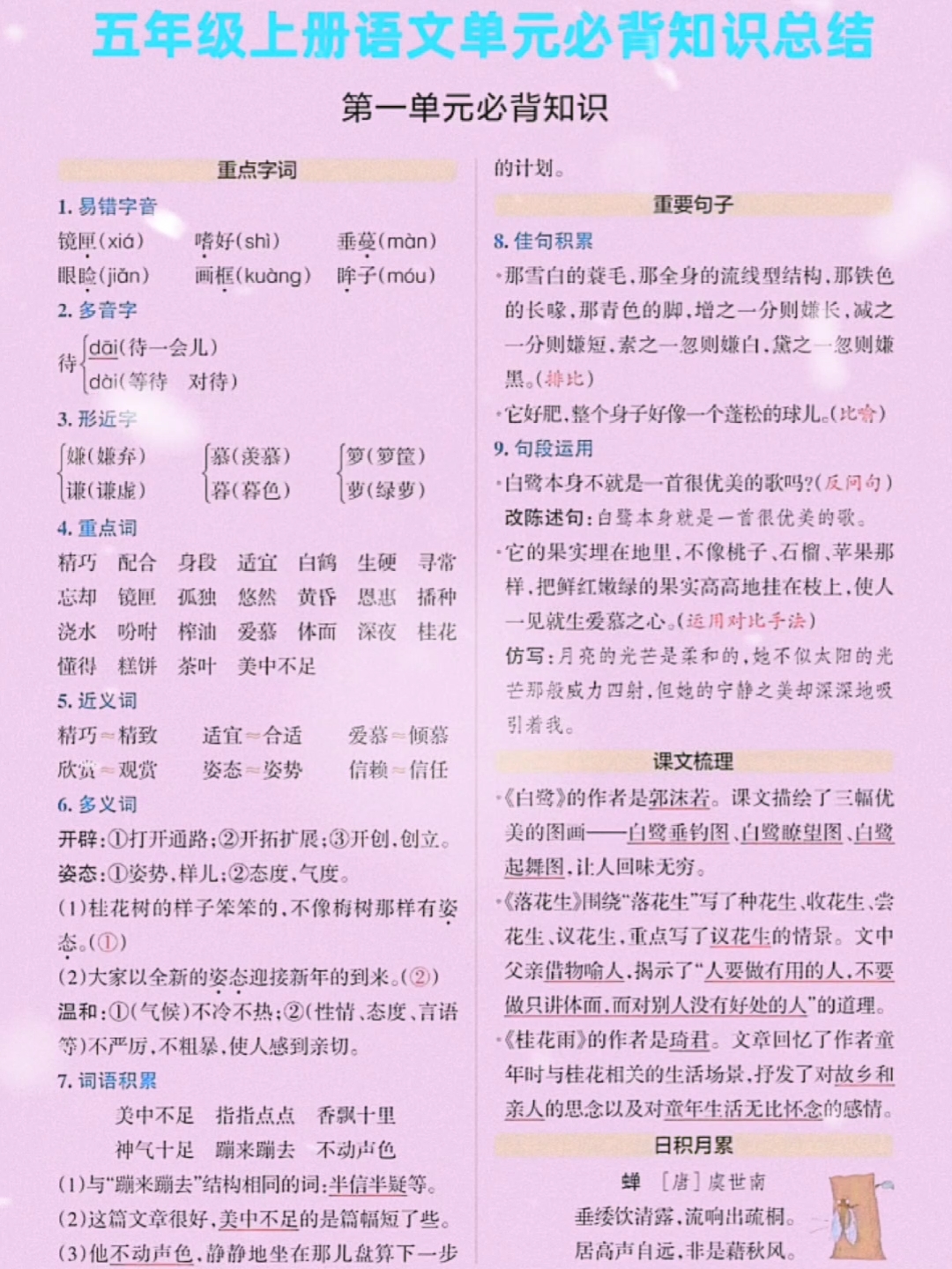 五年级上册语文第1～8单元重点必背知识点总结