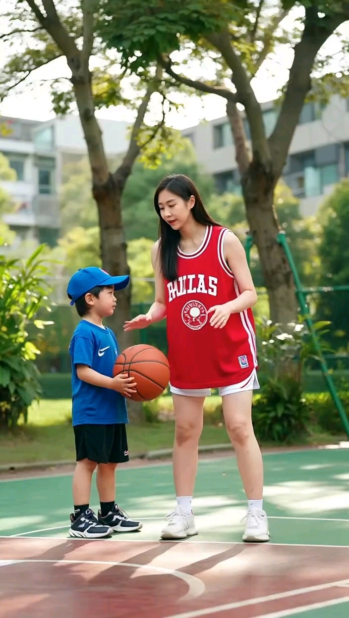 高个妈妈教萌娃投篮