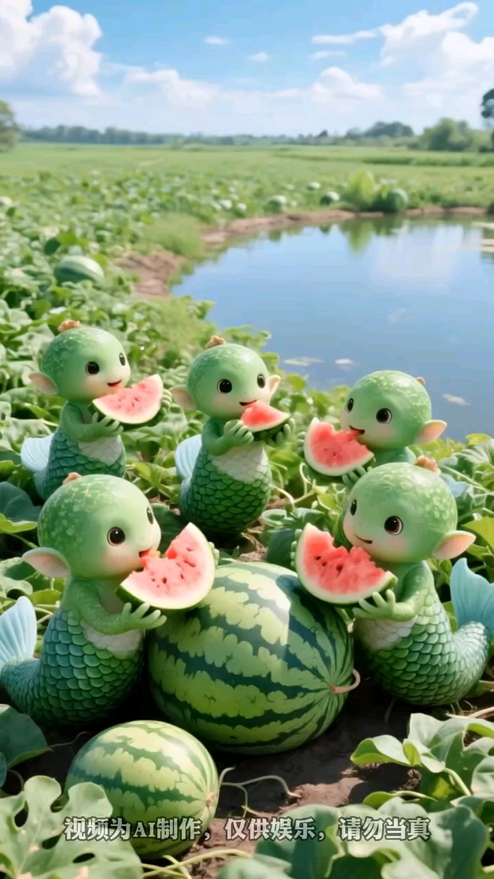 美人鱼小宝宝吃着西瓜